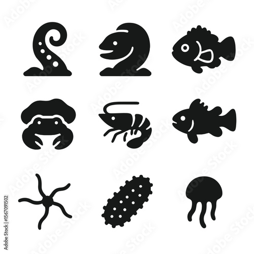 Sea Creatures Icons. Solid, filled icon set of sea creatures hiding in tidal pools: octopus tentacle, moray eel, blenny fish,