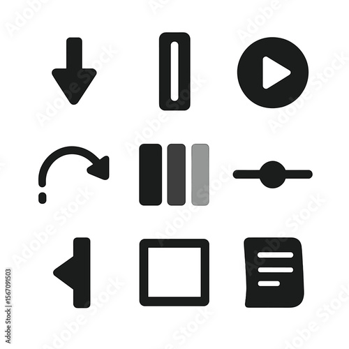 Scroll Animation Icons. Solid, filled icon set of scroll-triggered animations: scroll arrow, scroll bar, animated play button,