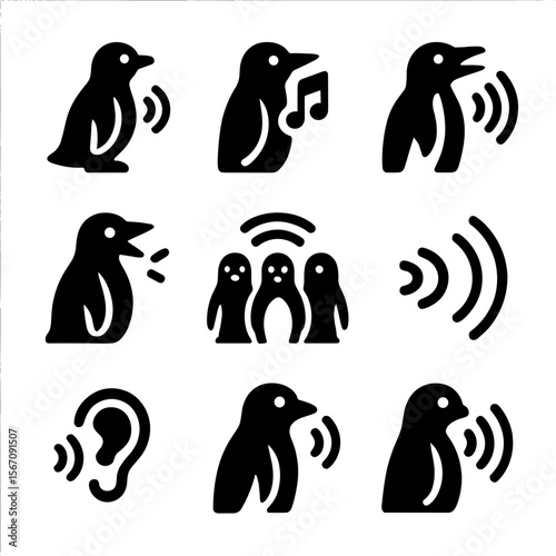 Penguin Sounds Icons. Solid, filled icon set of penguin sounds and communication: chirp, whistle, call wave, beak clap, group