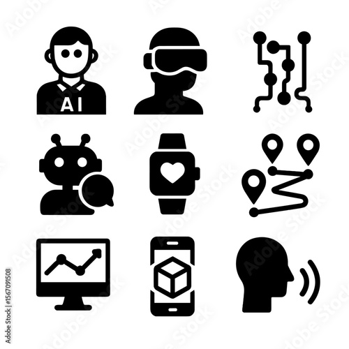 Microlearning Future Icons. Solid, filled icon set of future trends in microlearning: AI tutor, VR headset, adaptive learning,