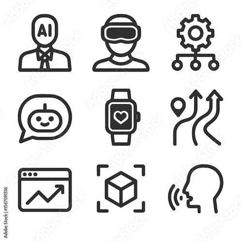 Microlearning Future Icons. Solid, filled icon set of future trends in microlearning: AI tutor, VR headset, adaptive learning,