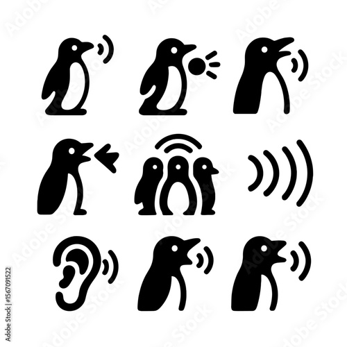 Penguin Sounds Icons. Solid, filled icon set of penguin sounds and communication: chirp, whistle, call wave, beak clap, group