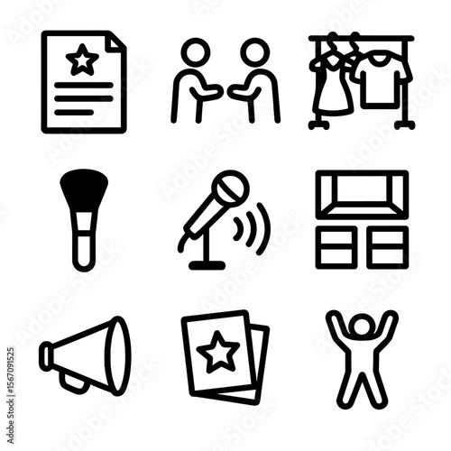 Performance Preparation Icons. Solid, filled icon set of performance preparation: script, rehearsal, costume rack, makeup brush,
