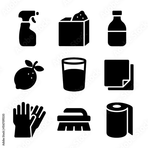 Microwave Cleaning Icons. Solid, filled icon set of Microwave cleaning supplies: cleaning spray, baking soda, vinegar bottle,