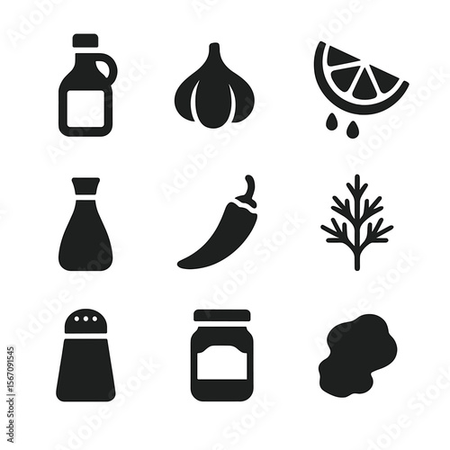 Seafood Marinade Icons. Solid, filled icon set of seafood marinade ingredients: olive oil, garlic clove, lemon juice, soy sauce,