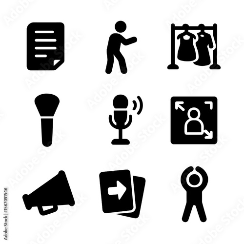 Performance Preparation Icons. Solid, filled icon set of performance preparation: script, rehearsal, costume rack, makeup brush,