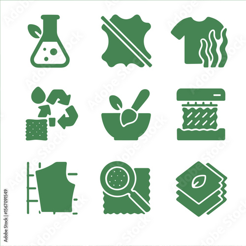 Green Textile Innovations. Solid, filled icons set of green textile innovations: lab-grown leather, dye-free