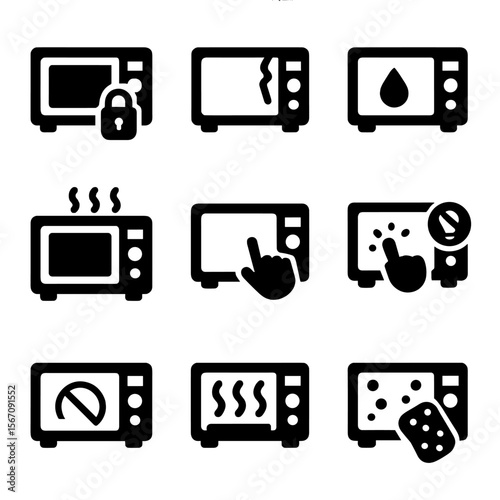 Microwave Troubleshooting Icons. Solid, filled icon set of Troubleshooting microwave cleaning: stuck door, broken seal, water