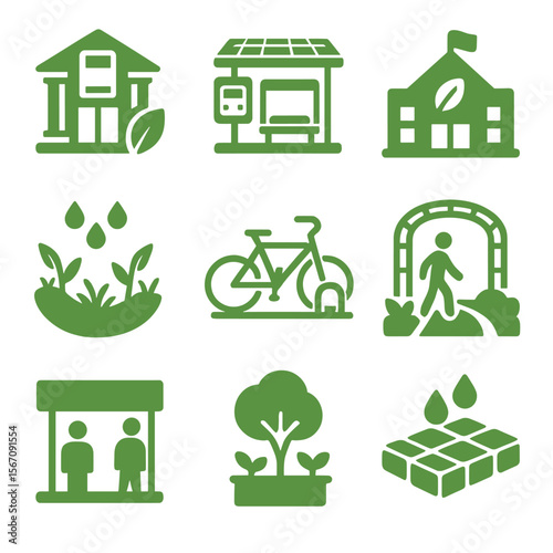 Green Urban Icons Grid. Solid, filled icons set of green public buildings and urban design: sustainable