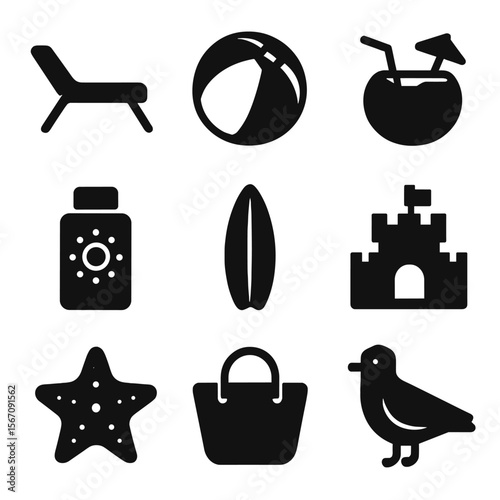 Seaside Relaxation Icons. Solid, filled icon set of seaside relaxation: lounge chair, beach ball, coconut drink, sunblock bottle,