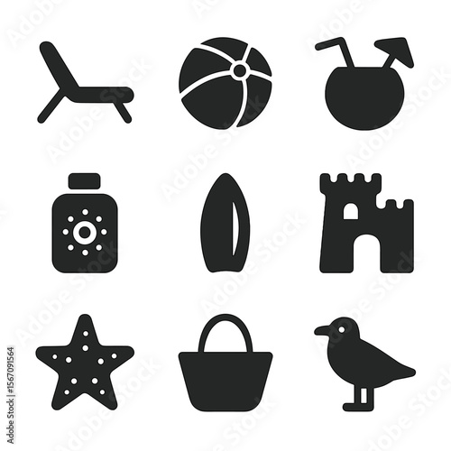Seaside Relaxation Icons. Solid, filled icon set of seaside relaxation: lounge chair, beach ball, coconut drink, sunblock bottle,