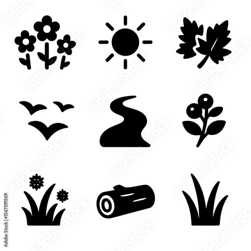 Seasonal Icon Set. Solid, filled icon set of seasonal glades: spring blooms, summer sun, autumn leaves, winter frost, migrating