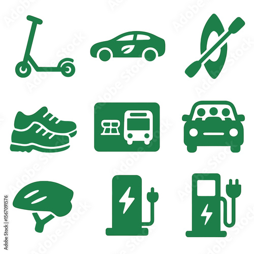 Green Transport Icons. Solid, filled icons set of green transport options: electric scooter, hybrid car, kayak