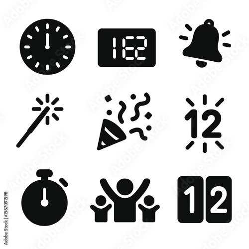 Midnight Countdown Icons. Solid, filled icon set of midnight countdown: clock striking twelve, digital countdown, bell chime,
