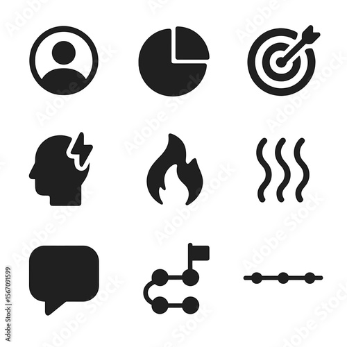 Persona Icons Grid. Solid, filled icon set of persona worksheet elements: user profile, demographic chart, goal target, pain point