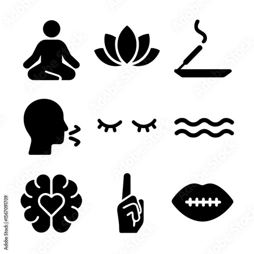 Mindfulness Icon Set. Solid, filled icon set of mindfulness practice: meditating person, lotus flower, incense stick, meditation