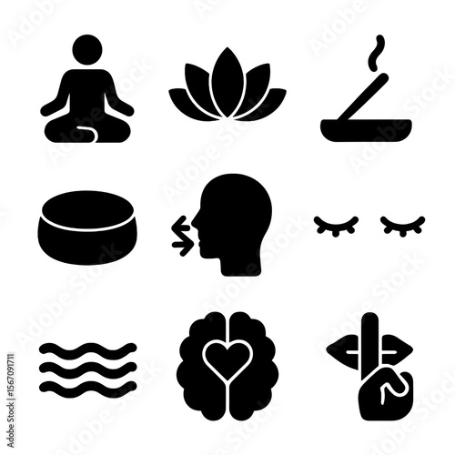 Mindfulness Icon Set. Solid, filled icon set of mindfulness practice: meditating person, lotus flower, incense stick, meditation