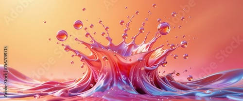Colorful splash of liquid with vibrant droplets against a soft gradient background