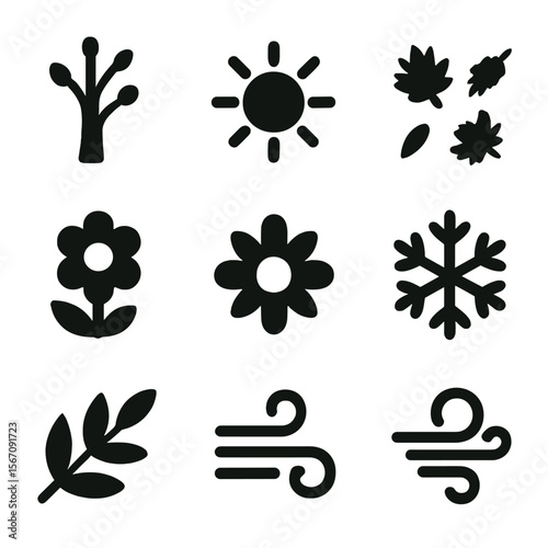 Seasonal Icons Grid. Solid, filled icon set of seasonal changes: budding tree, sunny day, falling leaves, snow-covered tree,