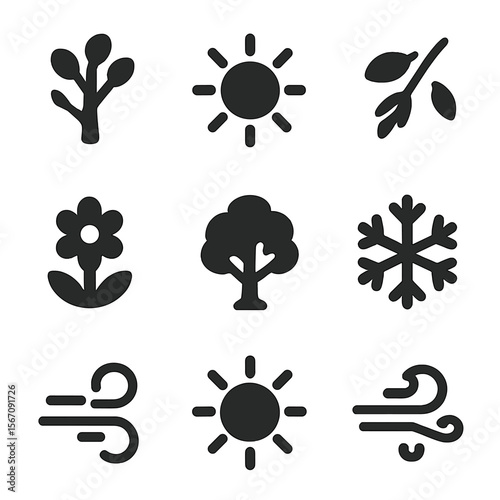Seasonal Icons Grid. Solid, filled icon set of seasonal changes: budding tree, sunny day, falling leaves, snow-covered tree,