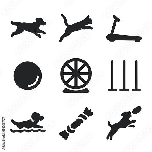 Pet Fitness Icons. Solid, filled icon set of pet exercise and fitness: running dog, jumping cat, treadmill, fetch ball, exercise