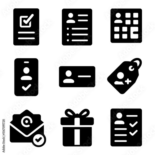 Guest Management Icons. Solid, filled icons set of guest management tools: RSVP form, guest list, seating