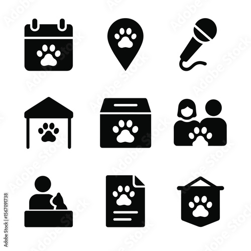 Pet Event Icons. Solid, filled icon set of pet adoption events: calendar, location pin, microphone, event tent, donation box,
