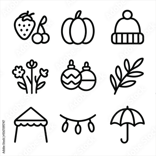 Seasonal Market Icons. Solid, filled icon set of seasonal market themes: summer fruits, autumn pumpkins, winter hats, spring