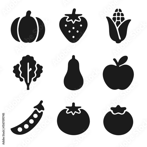 Seasonal Produce Icons. Solid, filled icon set of seasonal produce: pumpkin, strawberry, corn, kale, squash, apple, peas, tomato,