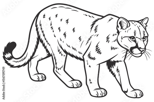 Contemplative Cougar Illustration Poised in a Dynamic Stance Ready to Pounce with Focused Eyes