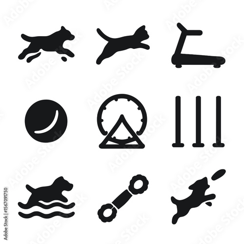 Pet Fitness Icons. Solid, filled icon set of pet exercise and fitness: running dog, jumping cat, treadmill, fetch ball, exercise