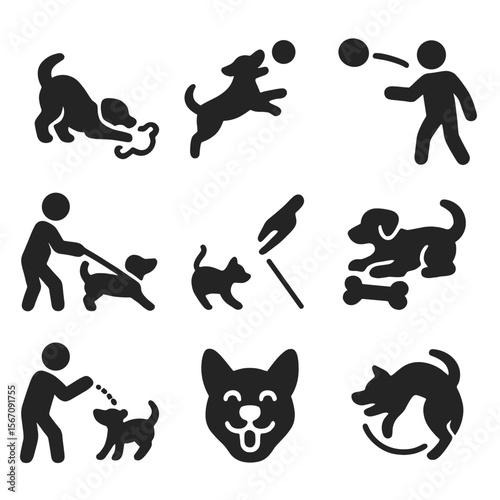 Pet Play Icons. Solid, filled icon set of play and joy with pets: tug toy, ball catch, frisbee throw, rope play, laser pointer,