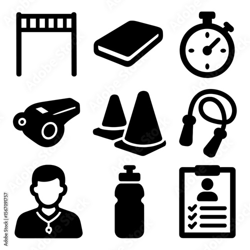 Gym Class Essentials. Solid, filled icons set of gym class essentials: monkey bars, gym mat, stopwatch,