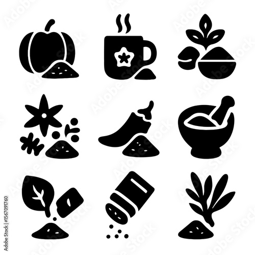 Seasonal Spice Icons. Solid, filled icon set of seasonal spice blends: pumpkin spice mix, mulled wine spice, garam masala, Chinese