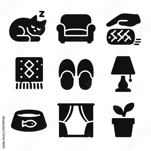 Pet Relaxation Icons. Solid, filled icon set of domestic pet relaxation: sleeping cat, cushioned sofa, stroking hand, knitted
