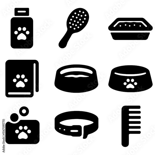 Pet Hygiene Icons. Solid, filled icon set of hygiene for pets: pet shampoo, pet brush, litter box, pet towel, water bowl, pet food