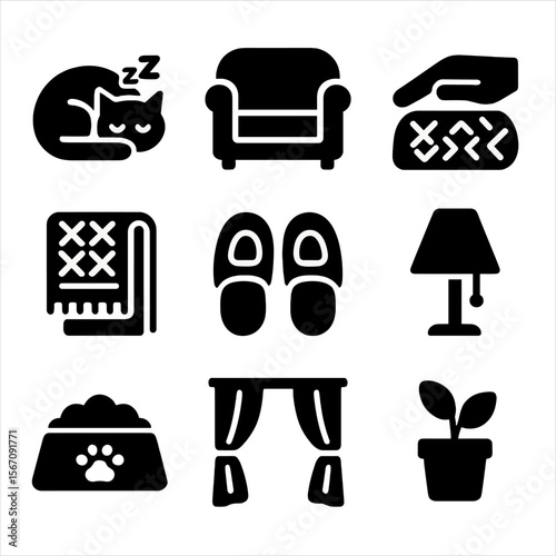 Pet Relaxation Icons. Solid, filled icon set of domestic pet relaxation: sleeping cat, cushioned sofa, stroking hand, knitted