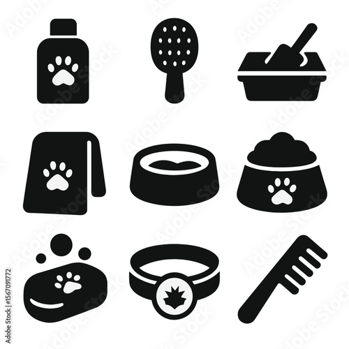 Pet Hygiene Icons. Solid, filled icon set of hygiene for pets: pet shampoo, pet brush, litter box, pet towel, water bowl, pet food