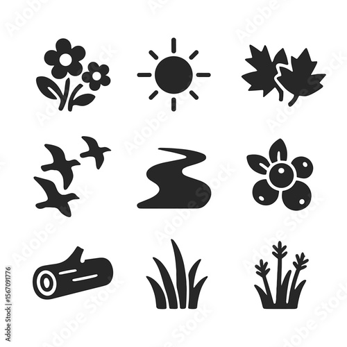 Seasonal Icon Set. Solid, filled icon set of seasonal glades: spring blooms, summer sun, autumn leaves, winter frost, migrating