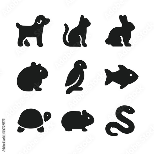 Pet Silhouette Icons. Solid, filled icon set of pet animal silhouettes: dog, cat, rabbit, hamster, parrot, fish, turtle, guinea