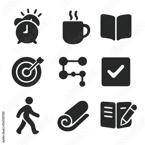 Minimal Lifestyle Icon Set. Solid, filled icon set of minimal lifestyle habits: early wake-up, morning coffee, open planner,