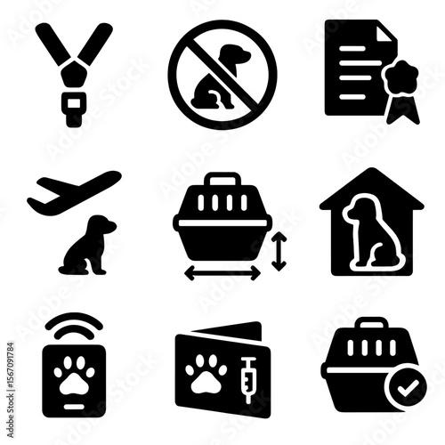 Pet Travel Icons. Solid, filled icon set of pet travel rules and safety: seatbelt harness, no pets sign, pet travel regulation,