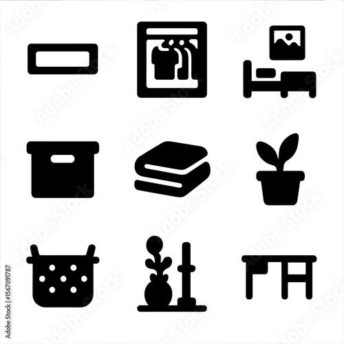 Minimal Living Icons. Solid, filled icon set of minimal living: empty shelf, capsule wardrobe, tidy room, storage box, folded