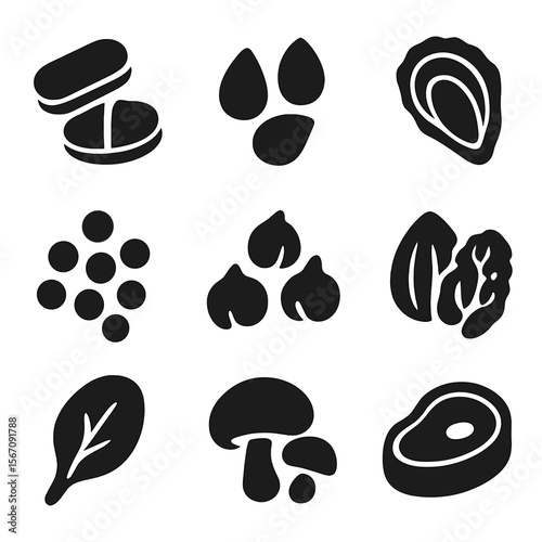Mineral Immunity Icons. Solid, filled icon set of minerals for immunity: zinc tablets, pumpkin seeds, oysters, lentils, chickpeas,