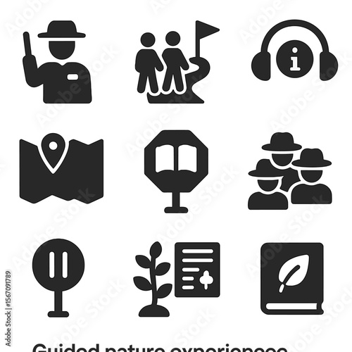 Guided Nature Icons. Solid, filled icons set of guided nature experiences: tour guide, group trail icon, audio