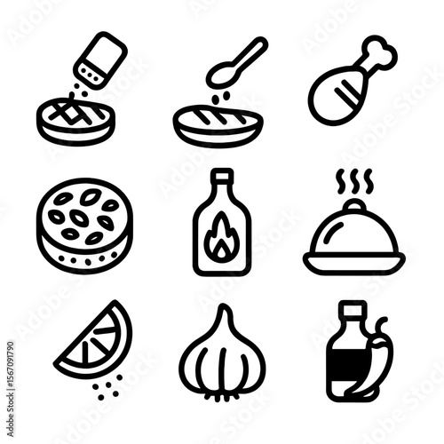 Seasoning Icon Grid. Solid, filled icon set of seasoning styles: dry rub, marinade, glaze, herb crust, spicy sauce, smoky flavor,