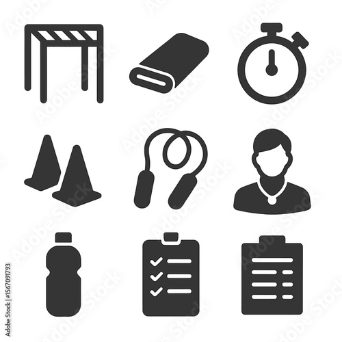 Gym Class Essentials. Solid, filled icons set of gym class essentials: monkey bars, gym mat, stopwatch,
