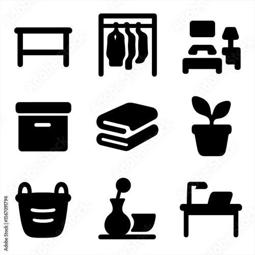 Minimal Living Icons. Solid, filled icon set of minimal living: empty shelf, capsule wardrobe, tidy room, storage box, folded
