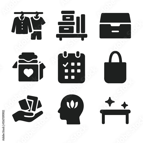 Minimalist Lifestyle Icons. Solid, filled icon set of minimalist lifestyle: capsule wardrobe, tidy shelf, empty drawer, donation