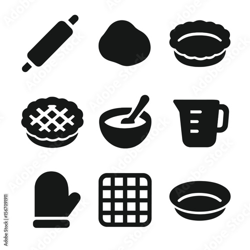 Pie Baking Icons. Solid, filled icon set of pie baking and preparation: rolling pin, dough, pie crust, lattice top, filling bowl,